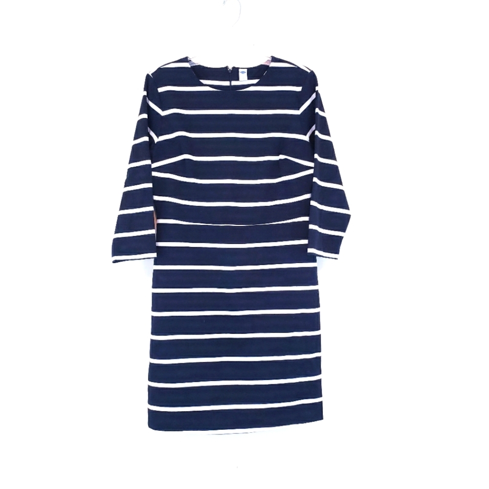 Old Navy Black White Striped Long Sleeve Dress Fitted Size Large Pencil Dress